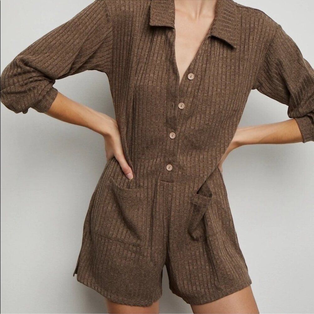 ONIA Rib Knit Sweater Romper Fig Brown Sz S One Piece Minimalist Soft Cozy